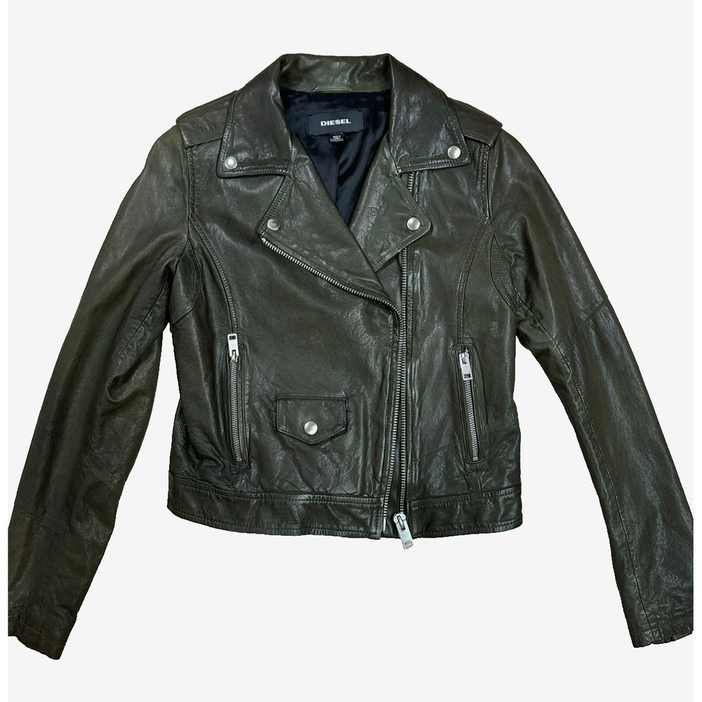 Diesel Leather Jacket Moto Edgy Classic Off Duty Model Y2K Biker Punk Olive XS